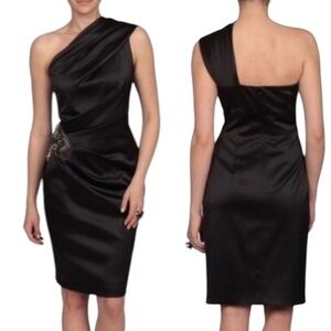 ELIZA J Black Satin One Shoulder Beaded Cocktail Dress Sz 10 Party Formal
